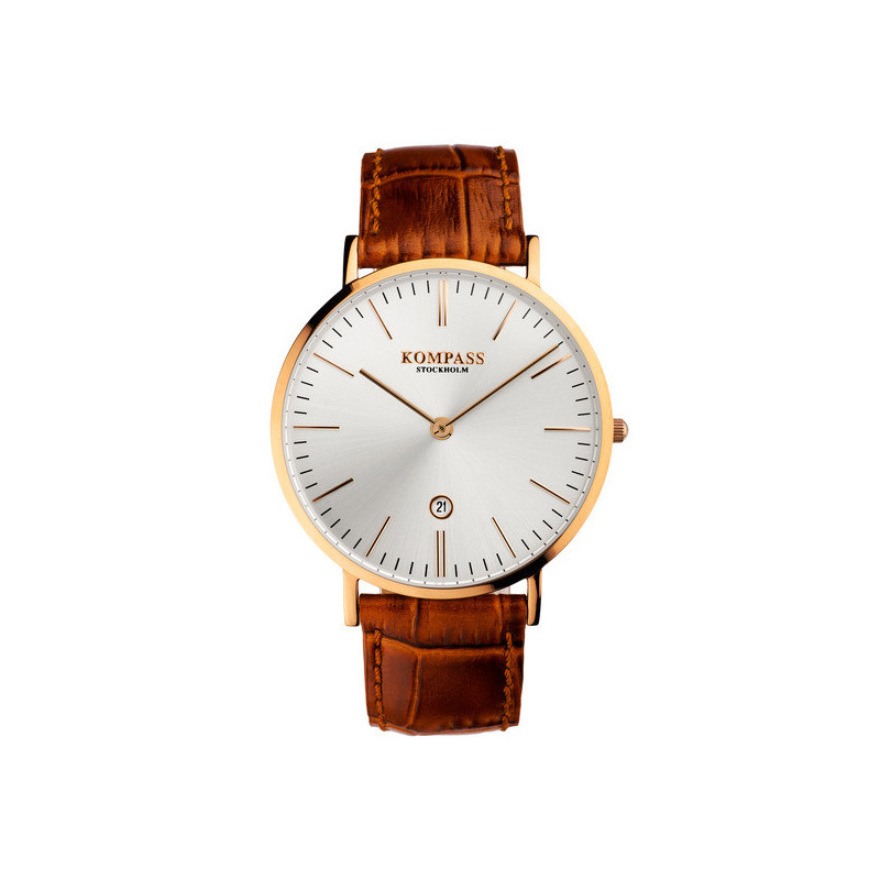 Kompass Nautilus Rose Gold Silver Dial Brown Strap