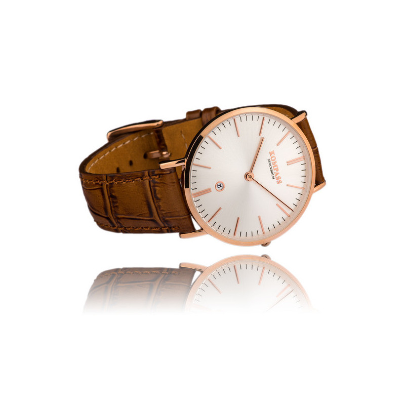 Kompass Nautilus Rose Gold Silver Dial Brown Strap