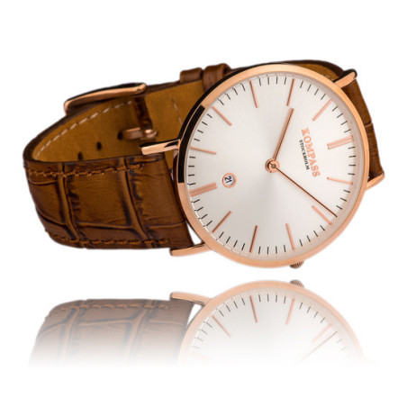 Kompass Nautilus Rose Gold Silver Dial Brown Strap