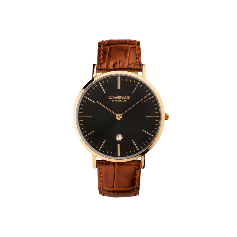 Kompass Nautilus Rose Gold Black Dial Brown Strap