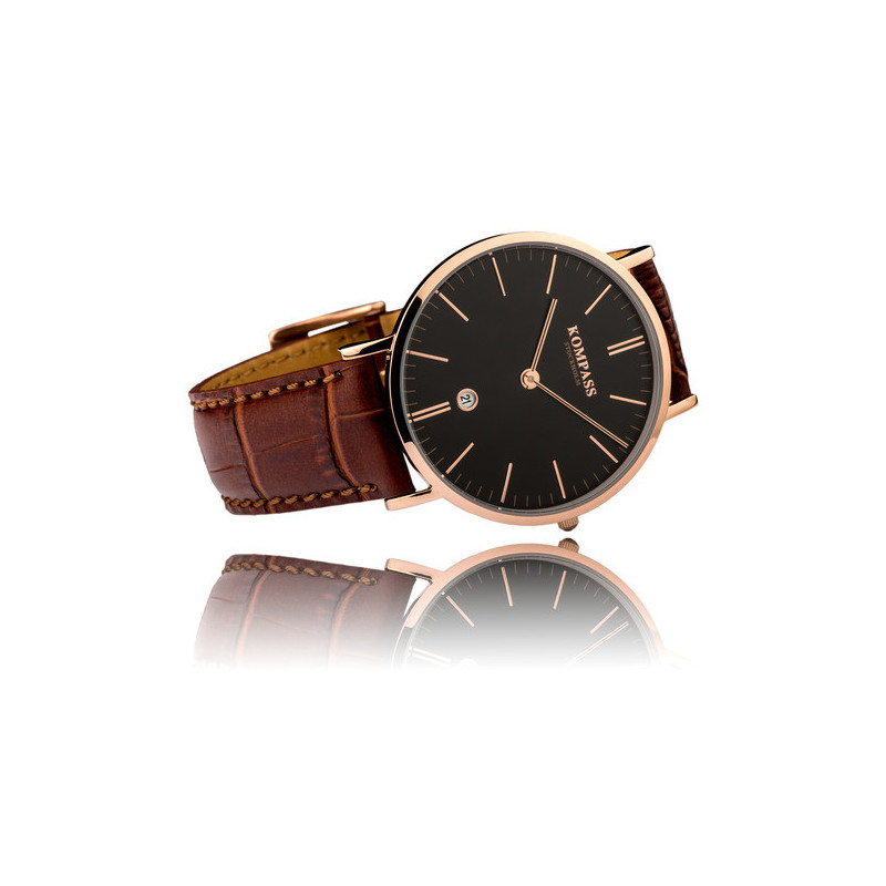 Kompass Nautilus Rose Gold Black Dial Brown Strap