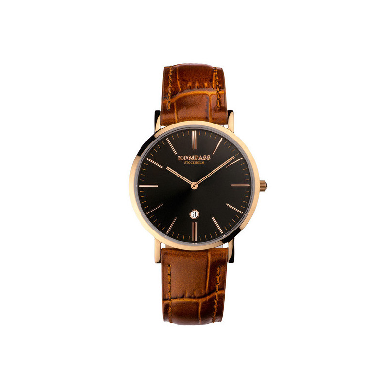 Kompass Nautilus Ladies Rose Gold Black Dial Brown Strap