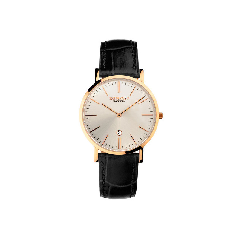 Kompass Nautilus Ladies Rose Gold Silver Dial Black Strap
