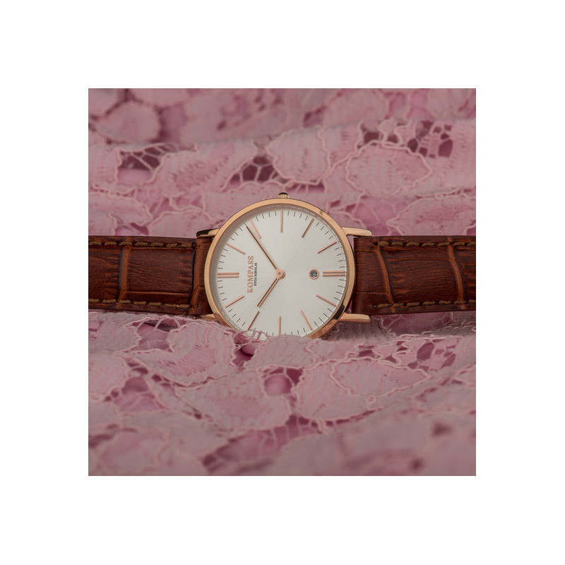 Kompass Nautilus Ladies Rose Gold Silver Dial Brown Strap