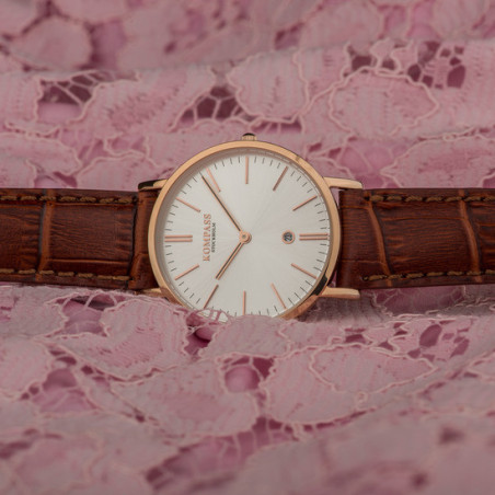 Kompass Nautilus Ladies Rose Gold Silver Dial Brown Strap