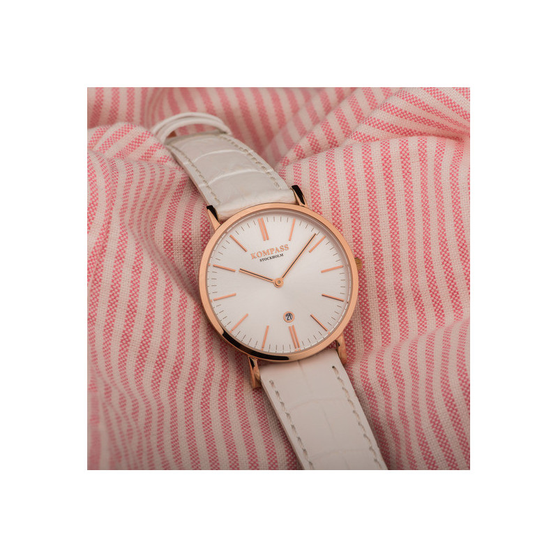 Kompass Nautilus Ladies Rose Gold Silver Dial White Strap