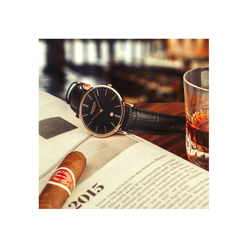 Kompass Nautilus Rose Gold Black Dial Black Strap