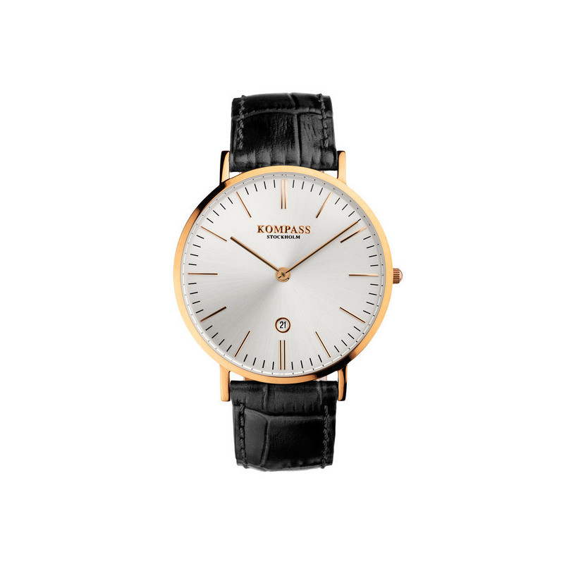 Kompass Nautilus Rose Gold Silver Dial Black Strap