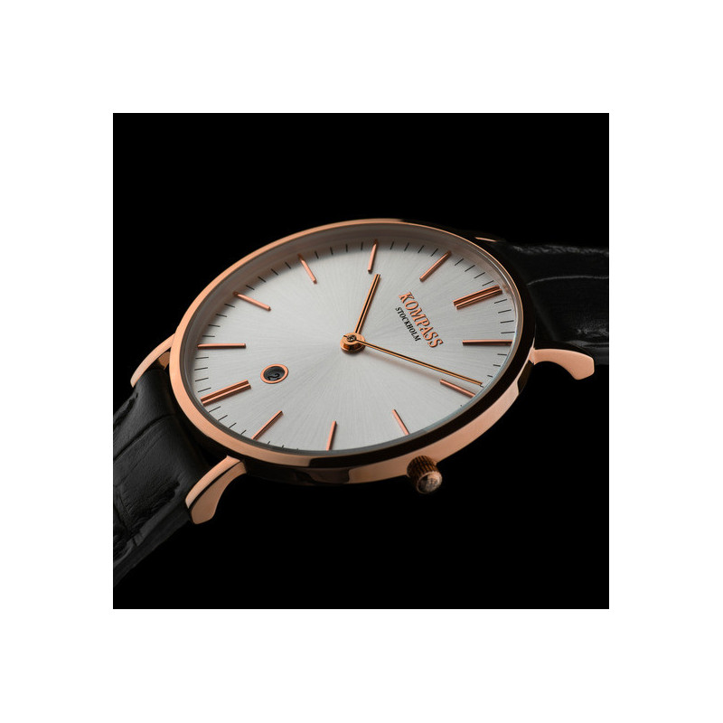 Kompass Nautilus Rose Gold Silver Dial Black Strap