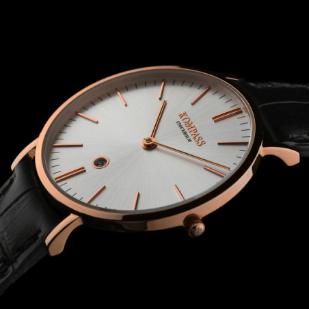Kompass Nautilus Rose Gold Silver Dial Black Strap